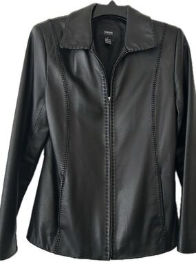 Alfani Black Women's Leather Zip Jacket with Stitched Panel Detail